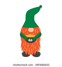 St. Patrick s Day leprechaun. Cute funny garden gnome holding ot with gold. Cartoon vector illustration for pub invitation, t-shirt design, cards or decor