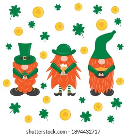 St. Patrick s Day leprechaun. Set with 3 cute funny garden irish gnome with clover, beer and pot with gold. Shamrock for luck. Cartoon illustration for pub invitation, t-shirt design, cards or decor