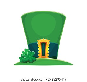St Patrick s day leprechaun green bowler and top hat with golden buckle, blue ribbon and clover shamrock leaves. Cartoon carnival costume for party. Ireland folklore element with magic cloverleaf