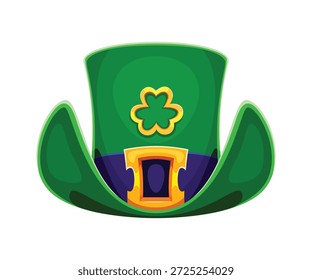Día de San Patricio leprechaun verde bowler y sombrero de copa con hebilla de oro, hoja de trébol de trébol y cinta azul. Vestido de folclore irlandés con trébol mágico. Sombrero del traje del partido del carnaval de la historieta