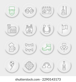 St. Patrick s Day line icon set, holiday symbols collection, vector sketches, neumorphic UI UX buttons, saint patrick icons, business signs linear pictograms