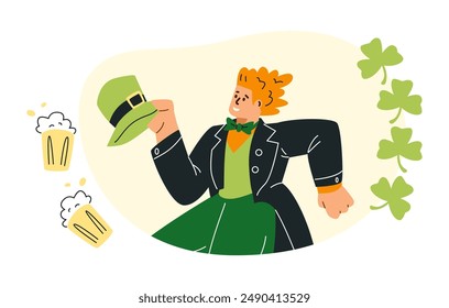 St. Patrick 's Day. A man dances joyfully, celebrating, holding hat in his hand. On a yellow background there is green clover and mugs of beer with foam. Irish traditions. Vector illustration isolated