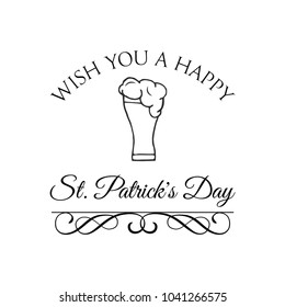 St. Patrick s Day Poster with beer and lettering wish you a happy St. Patrick s day. Vector illustration. Swirly lines, ornate frame.