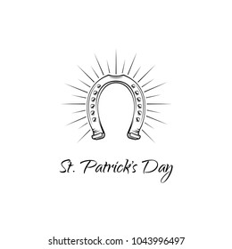 St. Patrick s Day. Retro style emblem of horseshoe in beams. Vector illustration isolated on white background.