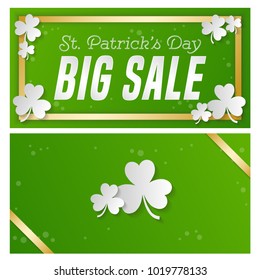St. Patrick 's Day sale banner. Composition with clover, gold strips and briight point. Vector illustration.