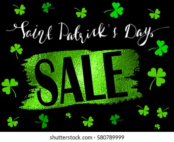 St. Patrick s Day Sale Banner with green foil texture and handwritten lettering Vector
