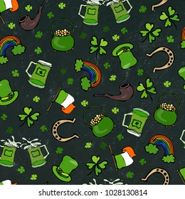 St. Patrick s Day Seamless Background. Pattern of beer, hat, clover, flag, horseshoe, pipe, pot of gold, rainbow on Black Chalk Board. Hand Drawn Vector Illustration. Savoyar Doodle Style.