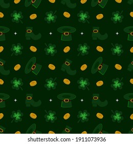 St Patrick s Day.  Seamless pattern  with shamrock, hat, shoe and gold. Irish decor for holidays, wrapping paper, wallpaper,fabric, textile. Vector illustration.
