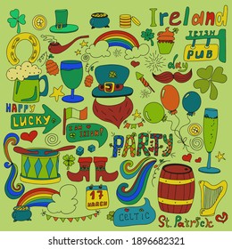 St. Patrick s Day set with hand-drawn pictures. A doodle of beer, a rainbow, a leprechaun s beard, coins, a bowler hat, a clover, a top hat, an Irish flag and a beer mug. Template for a postcard