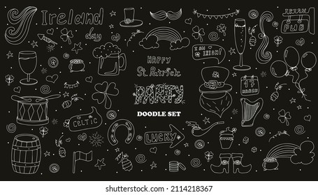 St. Patrick S Day Set With Hand-drawn Icons. A Doodle Of Beer, Ireland, Pub, Party, Bar. Template For A Postcard, Invitation, Advertisement Or Banner For The Irish Holiday Of March 17. Vector