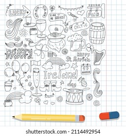 St. Patrick s Day set with hand-drawn icons. A doodle of beer, Ireland, pub, party, bar. Template for a postcard, invitation, advertisement or banner for the Irish holiday of March 17. Vector