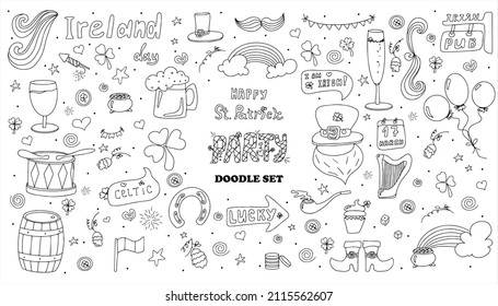 St. Patrick s Day set with hand-drawn icons. A doodle of beer, Ireland, pub, party, bar. Template for a postcard, invitation, advertisement or banner for the Irish holiday of March 17. Vector