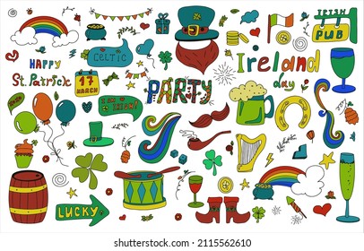 St. Patrick s Day set with hand-drawn icons. A doodle of beer, Ireland, pub, party, bar. Template for a postcard, invitation, advertisement or banner for the Irish holiday of March 17. Vector
