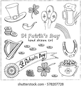 St. Patrick s Day set with Irish music, pub decoration, rainbow, flags, beer mugs, clover, leprechaun hat, pot of gold coins. Vector illustration