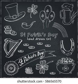 St. Patrick s Day set with Irish music, pub decoration, rainbow, flags, beer mugs, clover, leprechaun hat, pot of gold coins. Vector illustration