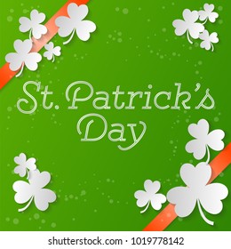 St. Patrick 's Day square banner. Composition with clover, orange strips and bright point. Vector illustration.