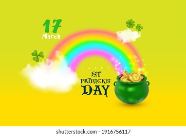 St. Patrick s Day symbol green pot. Template for text with fern leaves for St. Patrick's Day. Holiday. Place for text. Poster. Advertising on the billboard. Vector isolated on yellow background.