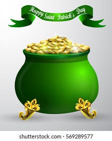 St. Patrick s Day symbol green pot full of gold coins with ribbon and greetings Vector illustration