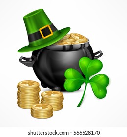 St. Patrick. S Day symbols. Hat. Clover. Pot with gold coins on white. National Irish design elements. Vector illustration