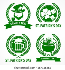 San Patricio. Símbolos S Day. Leprechaun.  Clover. Icono de cerveza y tesoro en verde. Elementos nacionales irlandeses de diseño. Ilustración del vector