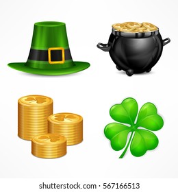 St. Patrick. S Day symbols. Hat. Clover. Pot and treasure on white. National Irish design elements. Vector illustration