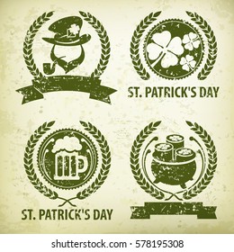 St. Patrick. S Day symbols. Leprechaun. Clover. Beer and treasure grange. National Irish design elements. Vector illustration