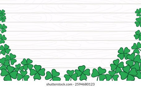 St. Patrick s Day Template with copy space. Green leaves on white wooden texture backdrop. Shamrock and clover frame, banner, background