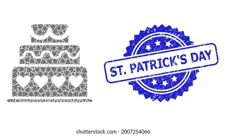 St. Patrick S Day textured seal imitation and vector recursive collage marriage cake. Blue stamp seal has St. Patrick S Day caption inside rosette.