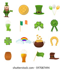 St. Patrick s Day vector design elements set. Irish saint patrick ireland symbols shamrock clover holiday luck icons. Vector leprechaun design happy symbol celtic green irish.