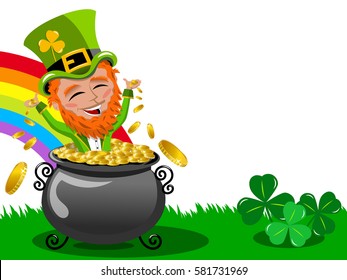 St Patrick or Saint Patrick s exulting inside pot of gold frame isolated on white