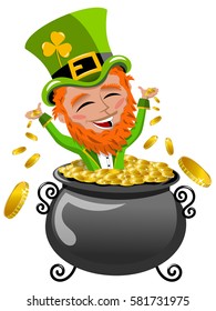 St Patrick or Saint Patrick s exulting inside pot of gold isolated on white