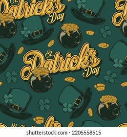 St. Patrick seamless pattern colorful vintage for party on Irish holiday with gold coins in cauldron and hat vector illustration