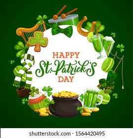 St Patrick shamrock and leprechaun pot of gold, Irish holiday greeting card. Vector clover leaves, green beer and golden coins, lucky horseshoe, celtic elf treasure cauldron and drum, harp and bagpipe