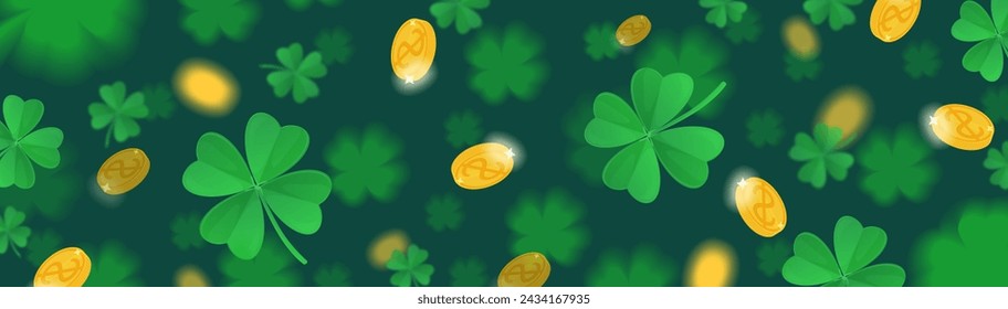 St Patrick shamrock pattern banner with flying gold coins on deep green background.