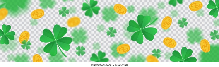 St Patrick shamrock pattern banner with flying gold coins on transparent background.