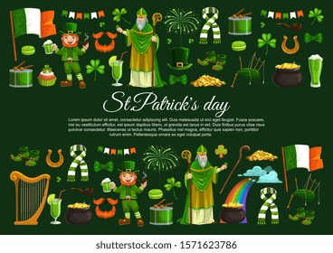 St Patrick, shamrocks and leprechauns with gold vector banner. Religious holiday green beer mugs, Irish flags and pots of golden coin, clover leaves, hat and lucky horseshoes, elf treasure and rainbow