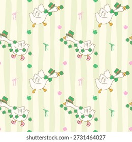 St Patrick Silly Goose on the loose Seamless Pattern on striped background, happy goose wearing a leprechaun hat with four leaf clover hand drawn in lined doodle style 