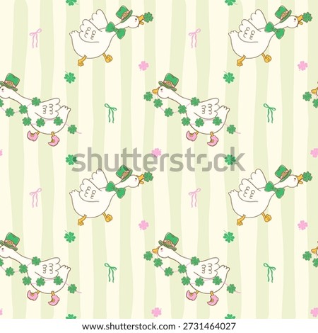 St Patrick Silly Goose on the loose Seamless Pattern on striped background, happy goose wearing a leprechaun hat with four leaf clover hand drawn in lined doodle style 