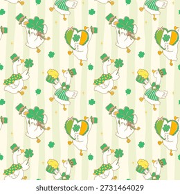 St Patrick Silly Goose Nahtloses Muster auf gestreiftem Hintergrund, glückliche Gans mit einem Kobold Hut mit vier Blatt Klee handgezeichnet in gefütterten Doodle-Stil 