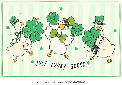 St Patrick silly goose set with shamrock Lucky 4 leaves clover cartoon hand drawn, for banner, greeting card, sticker and t shirt sublimation