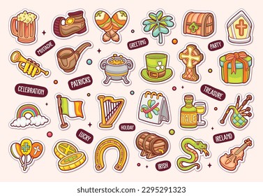 St Patrick Sticker Icons Hand Drawn Coloring Vector