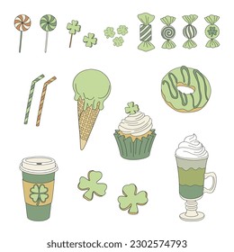 St Patrick sweets, dessert, coffee , donut , lollipop, candy, ice cream, shamrock cookies vector illustration set isolated on white. Retro 70s 60s Groovy Patrick design.