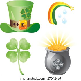 st. patrick theme vector icons. hat, pot, clover and rainbow