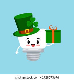 St Patrick tooth dental implant icon isolated. Orthodontist dentistry teeth character leprechaun hat with irish lucky clover and goft in hand. Flat design cartoon vector kid illustration