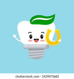 St Patrick tooth dental implant icon isolated. Orthodontist dentistry teeth character with irish lucky charm - golden horseshoe.  Flat design cartoon style vector kid dentistry illustration