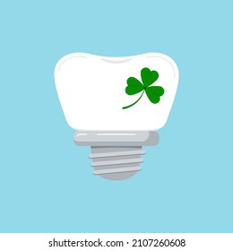 St Patrick tooth dental implant with shamrock lucky charm icon isolated. Orthodontist dentistry teeth with irish lucky clover. Flat design cartoon vector clip art illustration.