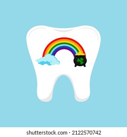 St Patrick tooth with rainbow and pot of gold coins and cloud  icon isolated. Dentistry teeth with irish lucky symbol. Flat design cartoon vector clip art illustration.