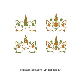 st patrick unicorn face with shamrock clover leaf cute happy character vector design simple illustration collections