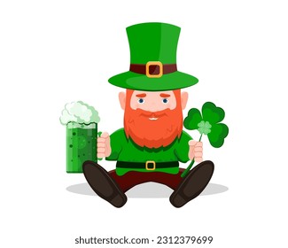 San Patricio. Dibujo vectorial de una festividad irlandesa para el Día de San Patricio. Leprechaun con trajes verdes con trébol y un vaso de espumoso jengibre. Fondo blanco.