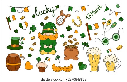 St Patrick vector set. Leprechaun hat, pot of gold, clover and flag, beer, balloons, mustache, dwarf. Hand drawn illustration for sticker, cover, postcards, print, social media, icon, scrapbooking.